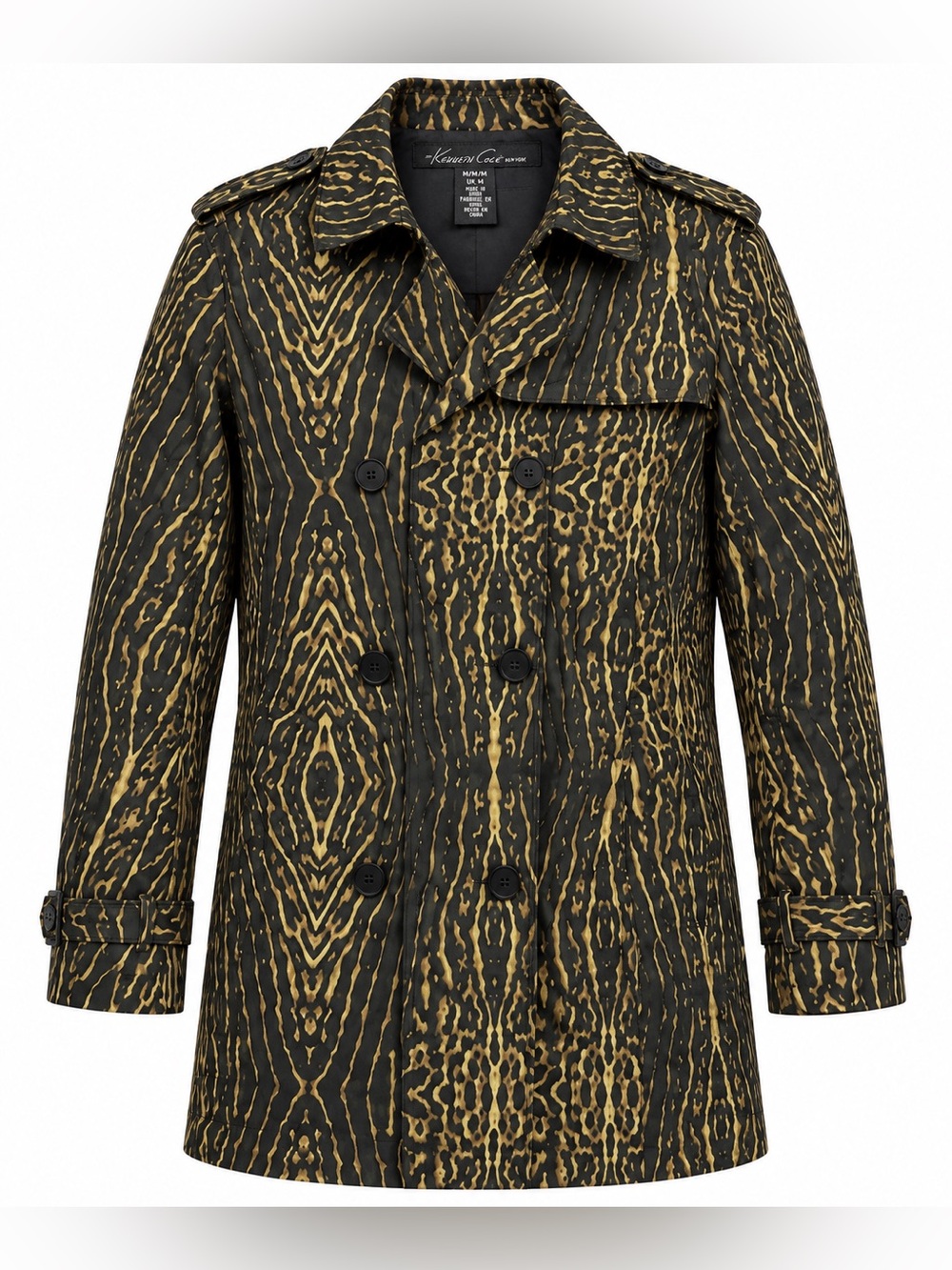 Kenneth Cole New York Women’s M Black Gold Abstract Print Trench Jacket.